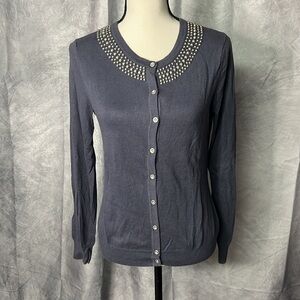 Merona Steel Gray-Blue Beaded Neck Button Down Cardigan Sweater - size MED